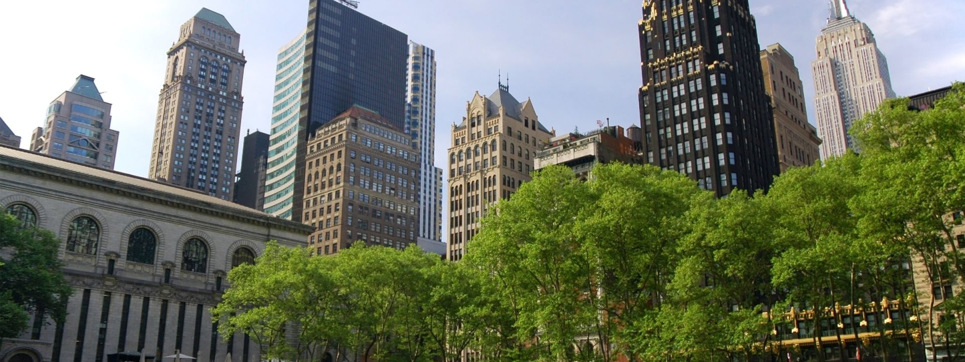 Midtown Manhattan highrise buildings and skyscrapers as seen from Bryant Park